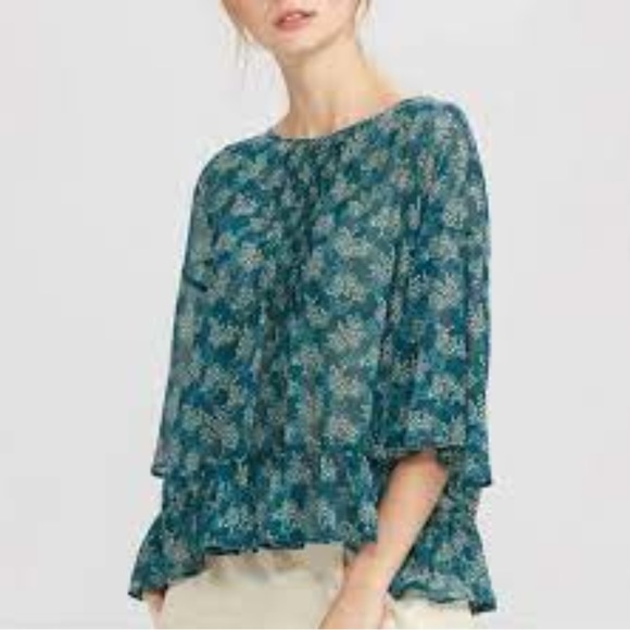 Anna Sui x Uniqlo Blue Green Pleated Floral Blouse Top - Picture 3 of 5